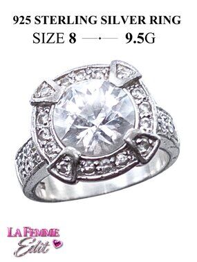 925 Sterling Silver Halo Ring Size 8 – Round Cut Diamond-Style Statement – 9.5g